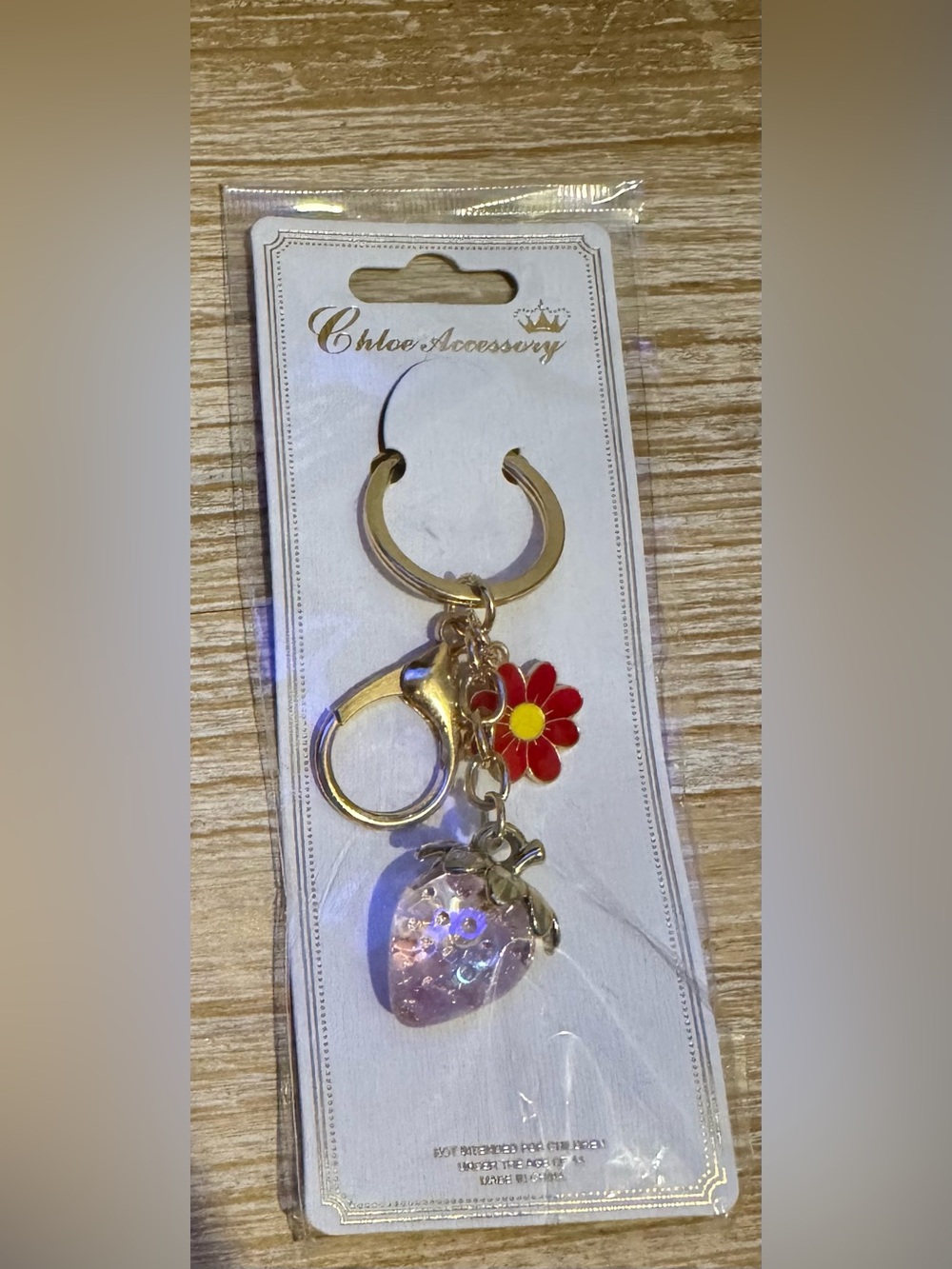 Strawberry & Red Flower Gold-Tone Keychain